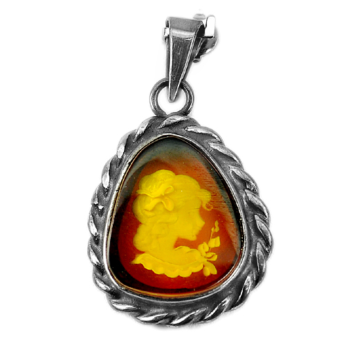 8.58 G. Cameo Victorian Golden Yellow AMBER 925 Silver Pendant Size 41 x 24 Mm.