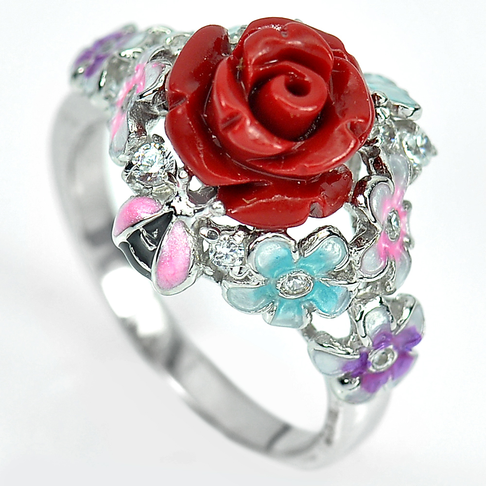 925 Sterling Silver Ring Size 7 Flower Rose Red Resin and Enamel 5.59 G.