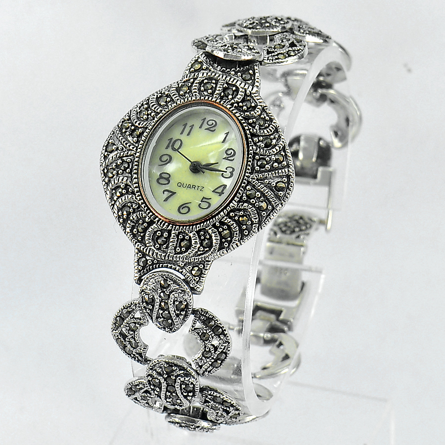 35.00 G. Natural Round Black Marcasite 925 Sterling Silver Jewelry Watch 7 Inch.