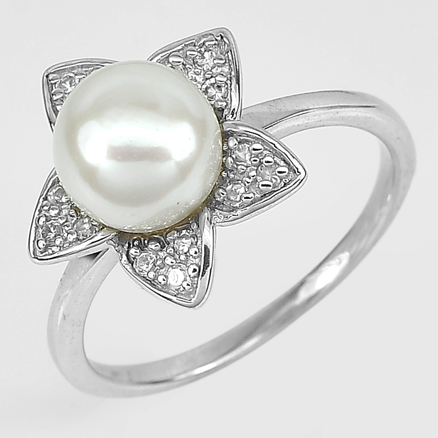 4.57 G. New Design Natural White Pearl Jewelry Sterling Silver Ring Size 9