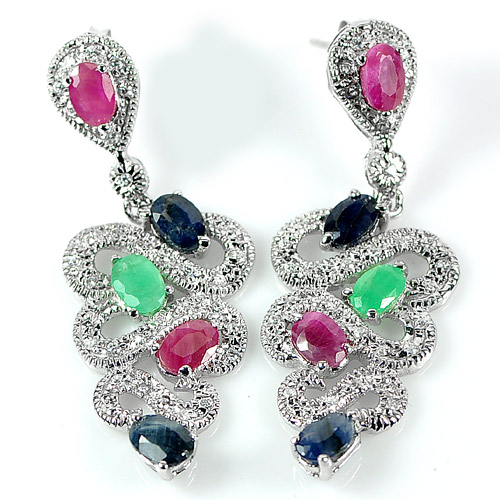 Emerald Ruby Sapphire Gems 925 Sterling Silver Jewelry Earrings Length 1.5 Inch.